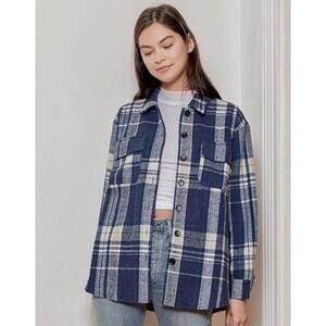 12th Tribe Fireside Flannel Jacket Women One Size Blue Plaid Oversize Wool Blend
